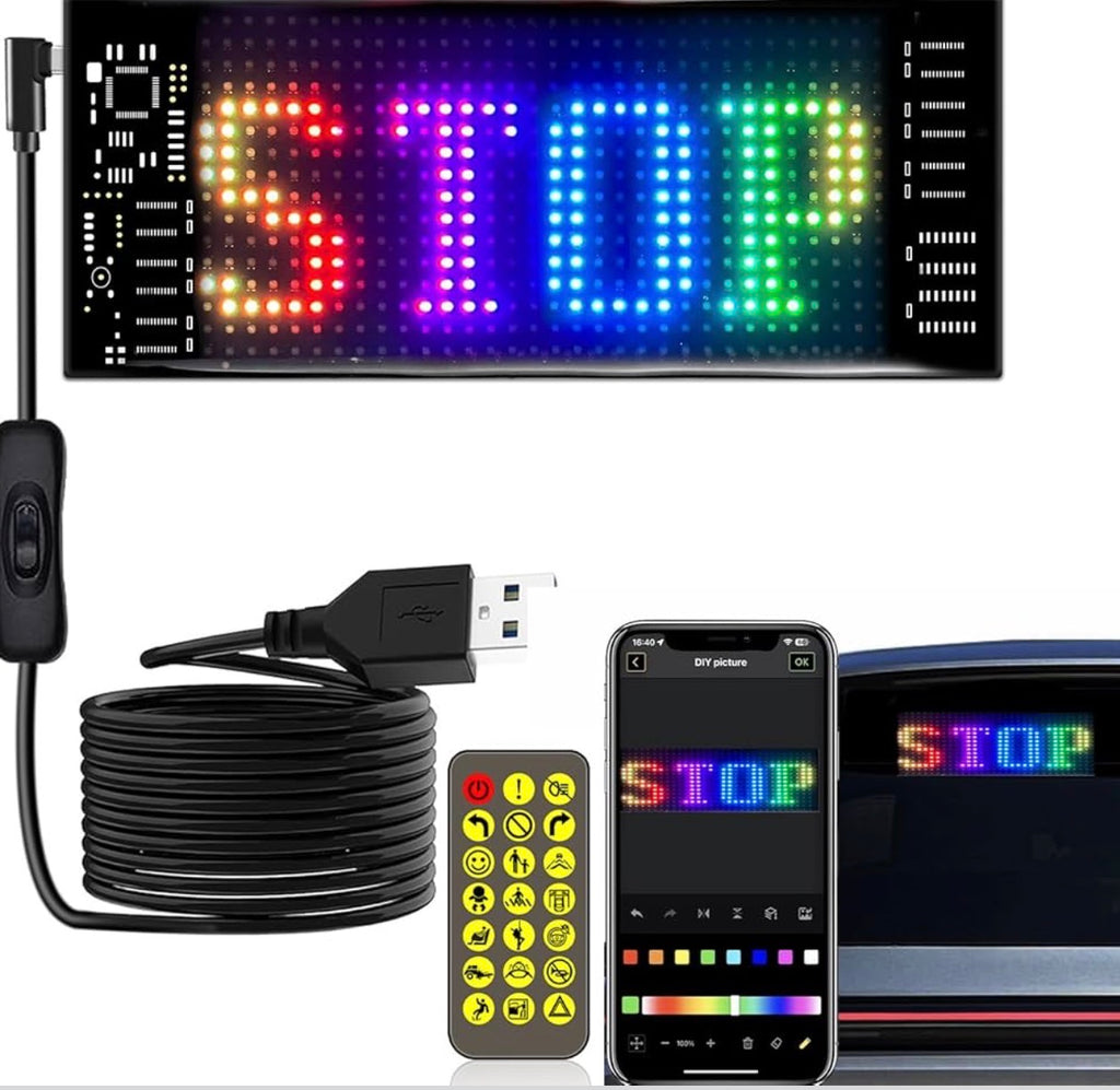 7x3 Bluetooth LED Scrolling Sign - Programmable Car Window Display with App Control, Customizable Text & Animations for Business Advertising & Store Decor
