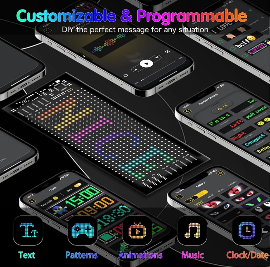 7x3 Bluetooth LED Scrolling Sign - Programmable Car Window Display with App Control, Customizable Text & Animations for Business Advertising & Store Decor