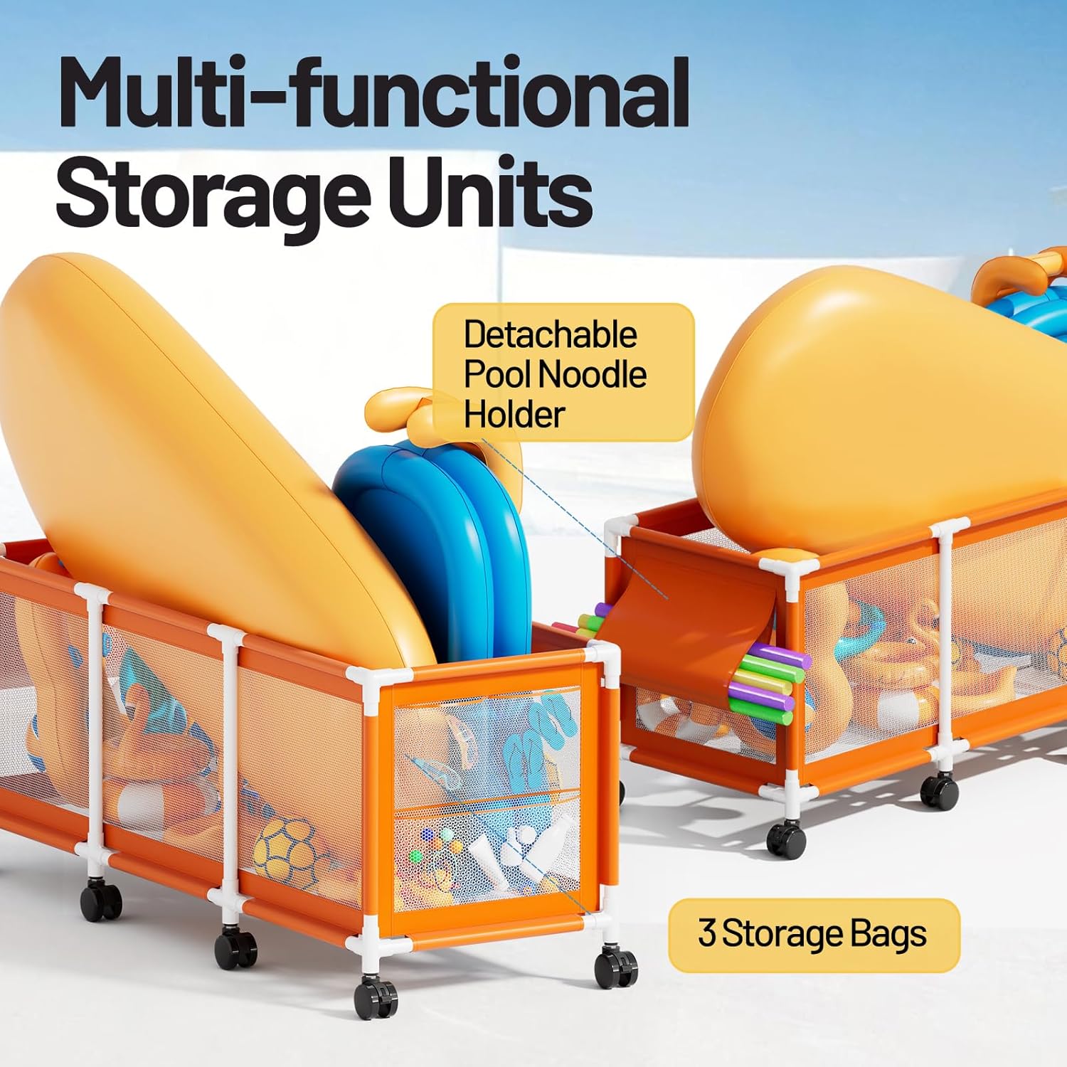 Jotesnew 365 Gallon Rolling Pool Storage Bin - Extra Large Mesh Organizer for Floats, Toys & Noodles (103"L)