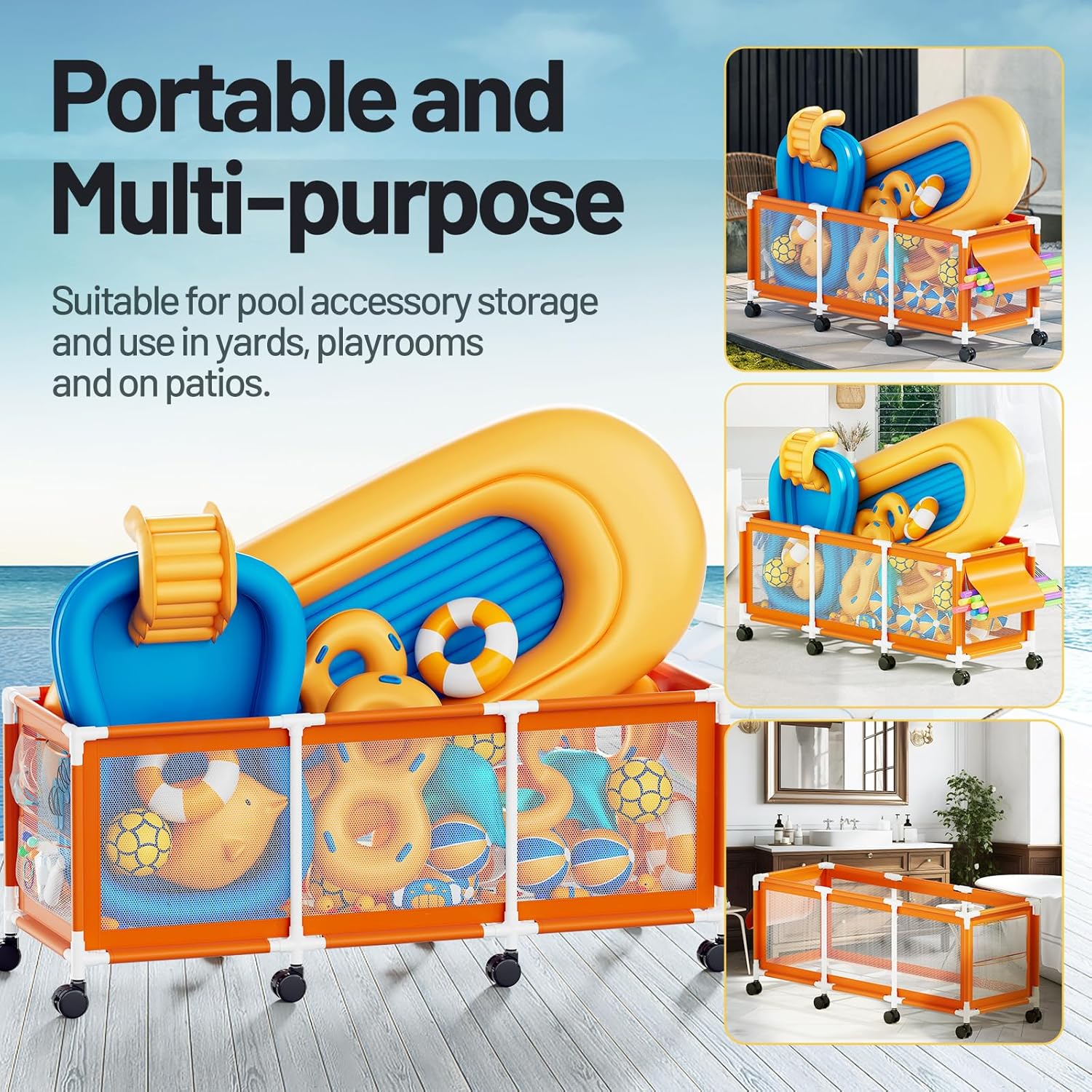 Jotesnew 365 Gallon Rolling Pool Storage Bin - Extra Large Mesh Organizer for Floats, Toys & Noodles (103"L)